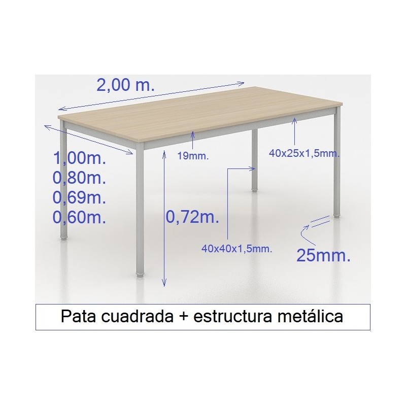 Mesa MADI-2000 x 1000 patas cuadradas