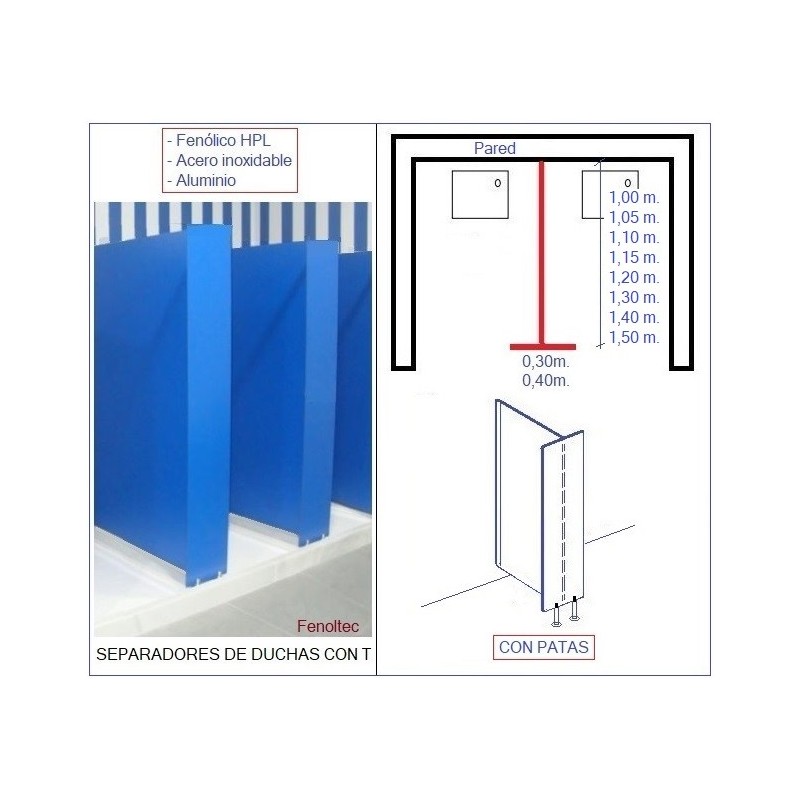 Separador tapa vistas en T para duchas. Va con patas en la T y al aire el resto.