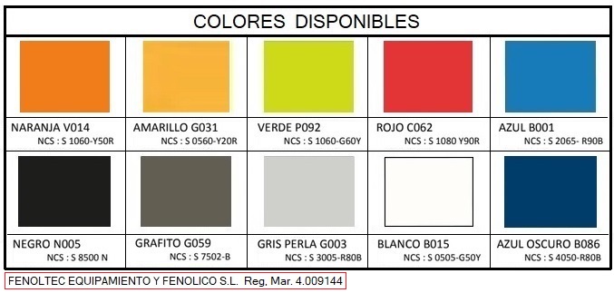 Colores disponibles para las partes del banco compuesto por fenólico. Todos son al mismo precio y tiene el mismo plazo de entrega.