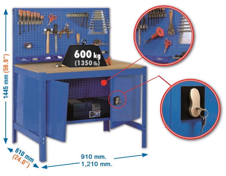 Banco de trabajo MT2 con panel, cajón y armario.