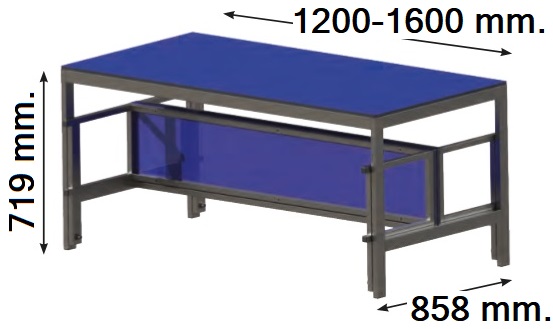 Mesas con bancos plegables. Encimeras de fenólico y estructura de acero pintado gris. Cómoda limpieza del entorno.