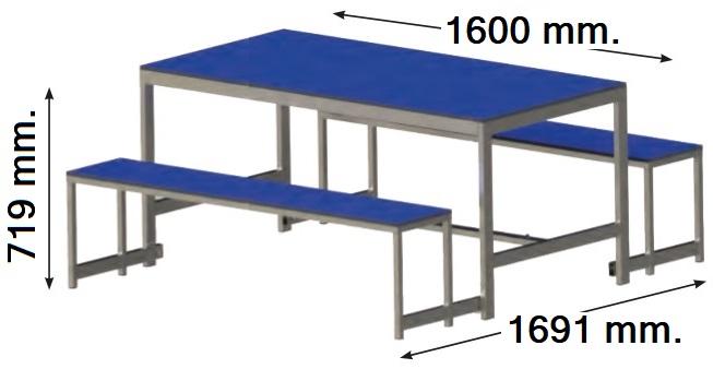 Mesas con bancos plegables. Encimeras de fenólico y estructura de acero pintado gris. Cómoda limpieza del entorno.