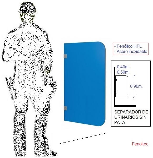 Separadores de urinarios fabricados con fenólico compacto y con herrajes de Aluminio y patas de acero inoxidable.