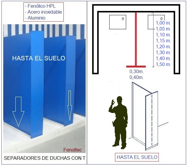 Separador de duchas con T de amarre, dos patas y perfiles en U de Aluminio.