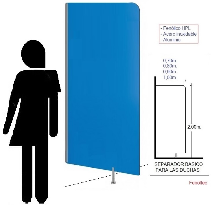 Separadores de duchas y de zonas, en compacto fenólico HPL. Con herrajes de Aluminio y patas de Acero inoxidable.