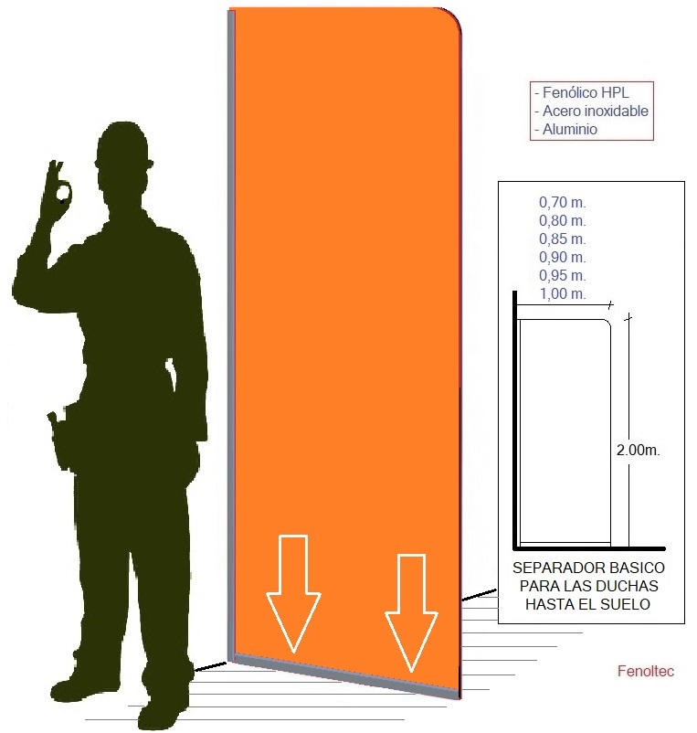 Separador tapavistas en fenólico y hasta el suelo. Para separar duchas o incluso zonas o espacios. Perfiles de Aluminio.